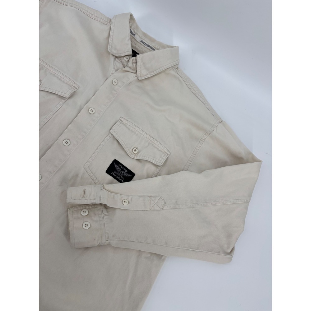 Harley-Davidson Mens Large Cream Twill Button Down Shirt Embroidered Eagle Back